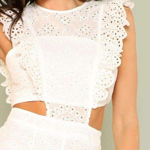 Planet Gates White / XS Eyelet Embroidery Wide Leg Ruffle Women Jumpsuit 2018 New White High Waist Summer Jumpsuit Hollow Out Elegant Jumpsuit