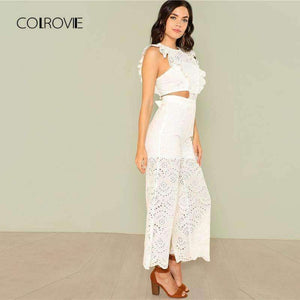 Planet Gates White / XS Eyelet Embroidery Wide Leg Ruffle Women Jumpsuit 2018 New White High Waist Summer Jumpsuit Hollow Out Elegant Jumpsuit