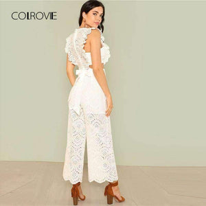 Planet Gates White / XS Eyelet Embroidery Wide Leg Ruffle Women Jumpsuit 2018 New White High Waist Summer Jumpsuit Hollow Out Elegant Jumpsuit