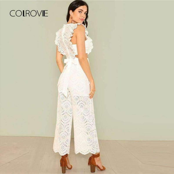 Planet Gates White / XS Eyelet Embroidery Wide Leg Ruffle Women Jumpsuit 2018 New White High Waist Summer Jumpsuit Hollow Out Elegant Jumpsuit