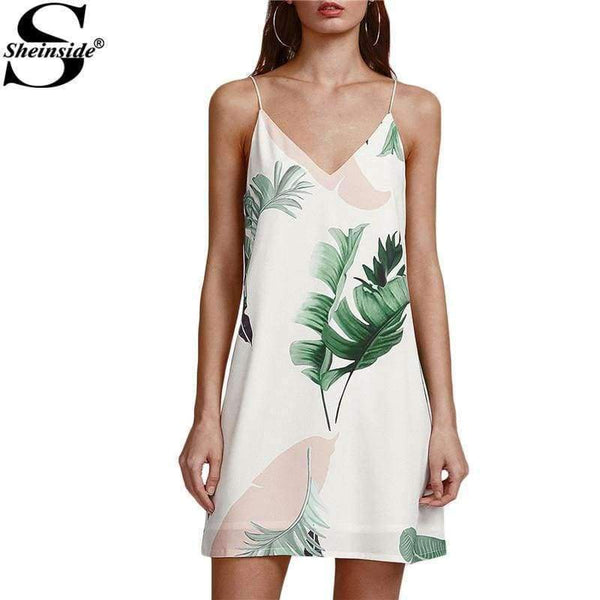 Planet Gates White / XS Sheinside White Beach Cami Summer Dress Women Palm Leaf Print Double V Neck Casual Shift Dresses Sexy Sleeveless Vacation Dress
