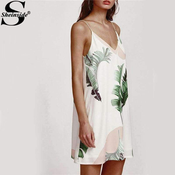 Planet Gates White / XS Sheinside White Beach Cami Summer Dress Women Palm Leaf Print Double V Neck Casual Shift Dresses Sexy Sleeveless Vacation Dress
