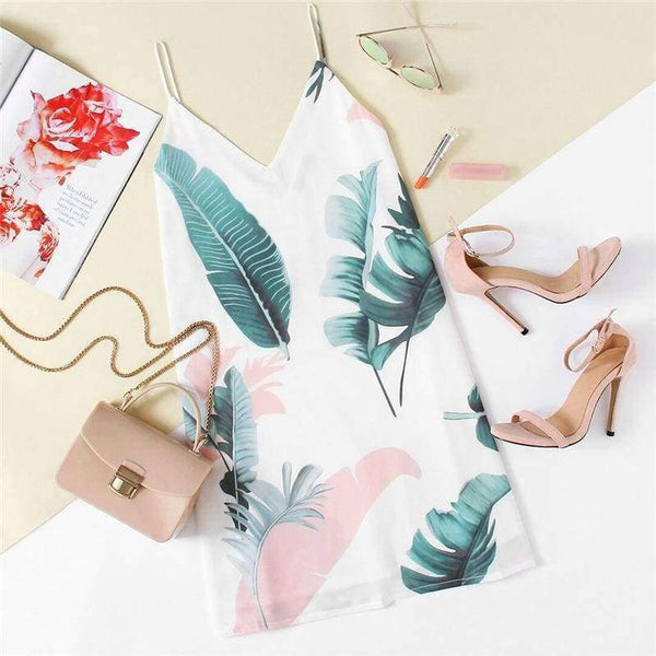 Planet Gates White / XS Sheinside White Beach Cami Summer Dress Women Palm Leaf Print Double V Neck Casual Shift Dresses Sexy Sleeveless Vacation Dress