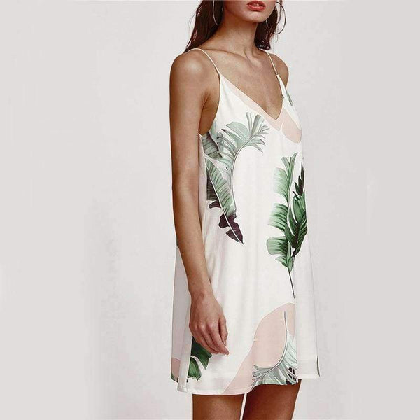 Planet Gates White / XS Sheinside White Beach Cami Summer Dress Women Palm Leaf Print Double V Neck Casual Shift Dresses Sexy Sleeveless Vacation Dress