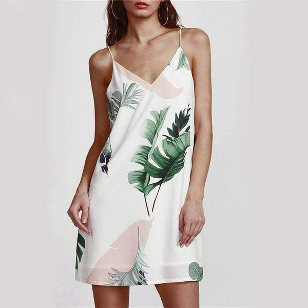 Planet Gates White / XS Sheinside White Beach Cami Summer Dress Women Palm Leaf Print Double V Neck Casual Shift Dresses Sexy Sleeveless Vacation Dress