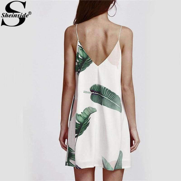 Planet Gates White / XS Sheinside White Beach Cami Summer Dress Women Palm Leaf Print Double V Neck Casual Shift Dresses Sexy Sleeveless Vacation Dress