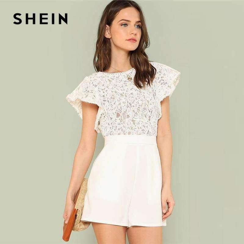 Planet Gates White / XS Summer Lace Bodice Ruffle Trim Romper 2018 Summer Round Neck Cap Sleeve Short Jumpsuits Women White Elegant Jumpsuits