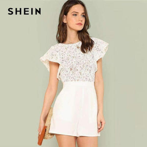 Planet Gates White / XS Summer Lace Bodice Ruffle Trim Romper 2018 Summer Round Neck Cap Sleeve Short Jumpsuits Women White Elegant Jumpsuits