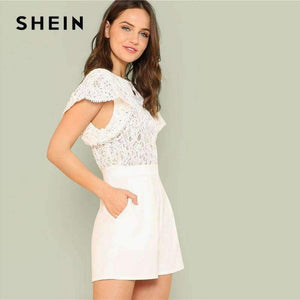 Planet Gates White / XS Summer Lace Bodice Ruffle Trim Romper 2018 Summer Round Neck Cap Sleeve Short Jumpsuits Women White Elegant Jumpsuits