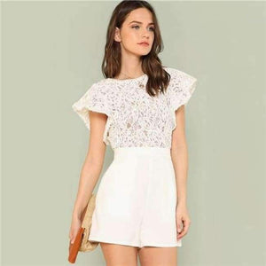 Planet Gates White / XS Summer Lace Bodice Ruffle Trim Romper 2018 Summer Round Neck Cap Sleeve Short Jumpsuits Women White Elegant Jumpsuits