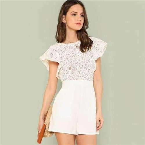 Planet Gates White / XS Summer Lace Bodice Ruffle Trim Romper 2018 Summer Round Neck Cap Sleeve Short Jumpsuits Women White Elegant Jumpsuits