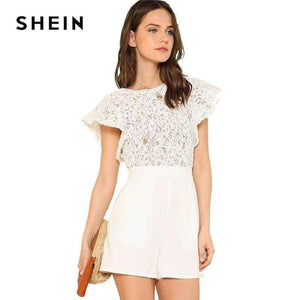 Planet Gates White / XS Summer Lace Bodice Ruffle Trim Romper 2018 Summer Round Neck Cap Sleeve Short Jumpsuits Women White Elegant Jumpsuits