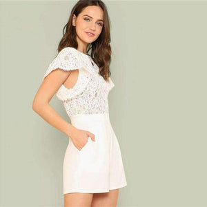 Planet Gates White / XS Summer Lace Bodice Ruffle Trim Romper 2018 Summer Round Neck Cap Sleeve Short Jumpsuits Women White Elegant Jumpsuits
