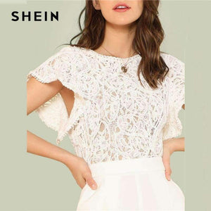 Planet Gates White / XS Summer Lace Bodice Ruffle Trim Romper 2018 Summer Round Neck Cap Sleeve Short Jumpsuits Women White Elegant Jumpsuits