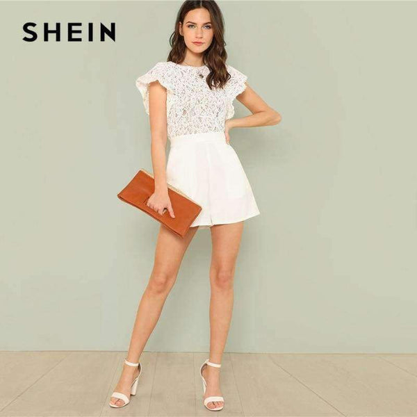 Planet Gates White / XS Summer Lace Bodice Ruffle Trim Romper 2018 Summer Round Neck Cap Sleeve Short Jumpsuits Women White Elegant Jumpsuits