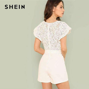 Planet Gates White / XS Summer Lace Bodice Ruffle Trim Romper 2018 Summer Round Neck Cap Sleeve Short Jumpsuits Women White Elegant Jumpsuits
