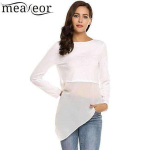 Planet Gates White1 / L Brand Women Tops Tee Mesh Patchwork Long T-Shirts Chiffon Hem T-Shirt O-Neck Long Sleeve Pullover Asymmetrical T shirts