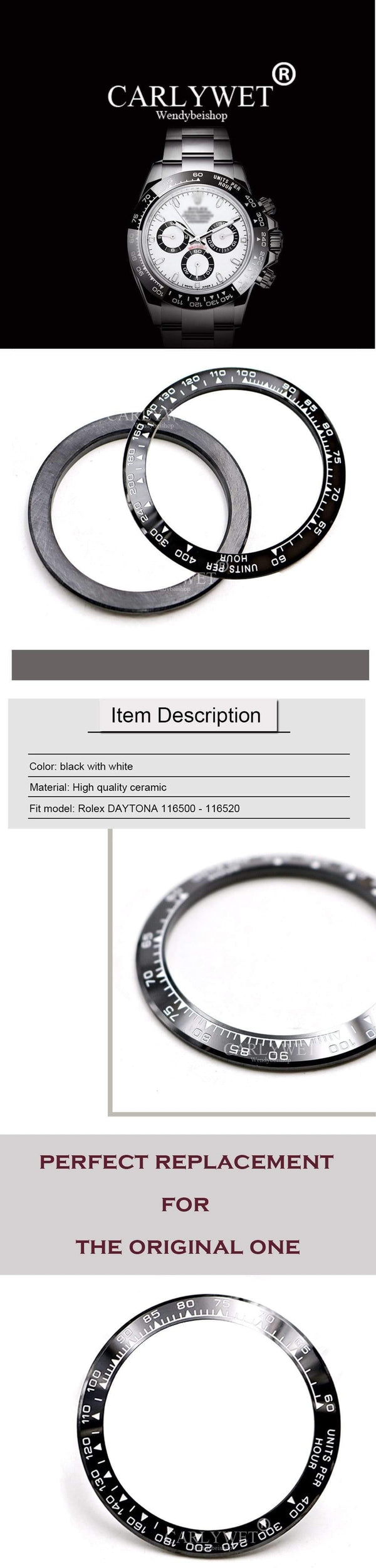 Planet Gates Wholesale High Quality Ceramic Black with White Writing Watch Bezel for Daytona 116500 - 116520