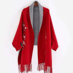 Planet Gates Win red / 190cmX65cm Design with sleeve Poncho scarf winter warm  cashmere Embroidery Cape tassel Blanket wrapped scarf shawl For Women