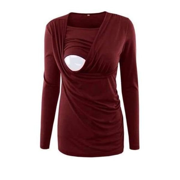 Planet Gates wine color / L Moms Nurse Long Sleeve Maternity Clothes COTTON Pregnancy Nursing Top Breastfeeding tops for Pregnant Women maternity T-shirt