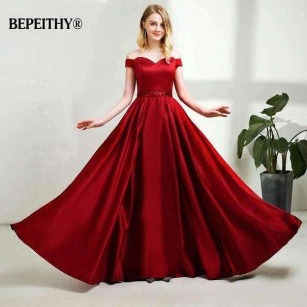 Planet Gates wine red / 2 A-line Long Evening Dress Vintage Off The Shoulder Prom Dresses Crystal Belt Robe De Soiree 2017