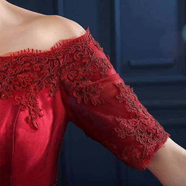 Planet Gates wine red / 2 Jersey Short Sleeve Ball Gown Embroidery Lace Special Occasion Women Evening Party Knee Length robe de Cocktail Dresses