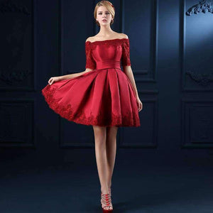 Planet Gates wine red / 2 Jersey Short Sleeve Ball Gown Embroidery Lace Special Occasion Women Evening Party Knee Length robe de Cocktail Dresses