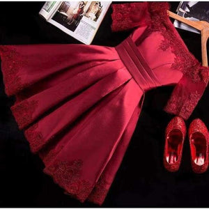 Planet Gates wine red / 2 Jersey Short Sleeve Ball Gown Embroidery Lace Special Occasion Women Evening Party Knee Length robe de Cocktail Dresses