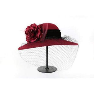 Planet Gates wine red / 56-58cm Women 100% Wool Felt Hats 1920s Vintage flower Derby Church Bucket hats Elegant Fashion classic chapeau veil Formal hat