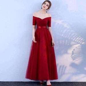 Planet Gates wine red / 6 -Emily Long Purple Red Gray Cheap Bridesmaid Dresses 2018 A-Line Off the Shoulder Half Sleeve Vestido da dama de honra
