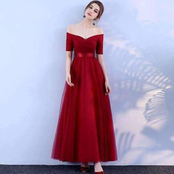 Planet Gates wine red / 6 -Emily Long Purple Red Gray Cheap Bridesmaid Dresses 2018 A-Line Off the Shoulder Half Sleeve Vestido da dama de honra