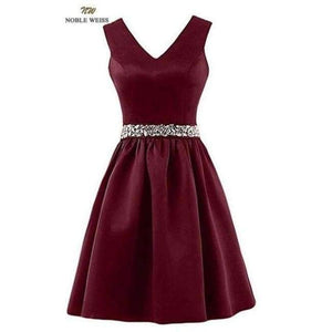 Planet Gates wine red / 6 Satin Crystal beading Sashes Bridesmaid Dresses V-neck Wedding Party Dress Simple Cheap Bridesmaid Gown Knee Length