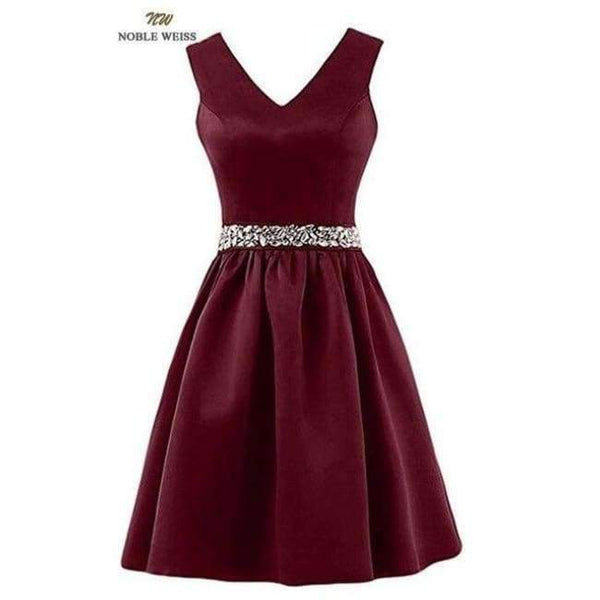 Planet Gates wine red / 6 Satin Crystal beading Sashes Bridesmaid Dresses V-neck Wedding Party Dress Simple Cheap Bridesmaid Gown Knee Length