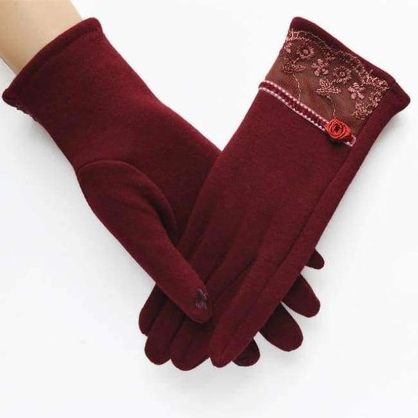 Planet Gates wine red [BYSIFA] Cashmere Wool Women Gloves Winter Thick Ladies Lace Embroidered Wool Gloves Grey And Green Elegant Soft Mittens Gloves