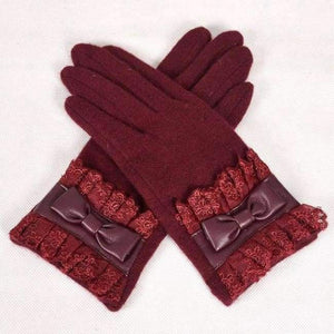 Planet Gates wine red [BYSIFA] Ladies Pink Rabbit Hair Wool Mittens Gloves Fashion Women Gloves Elegant Lace Embroidery Bow Tie Thick Warm Soft Gloves