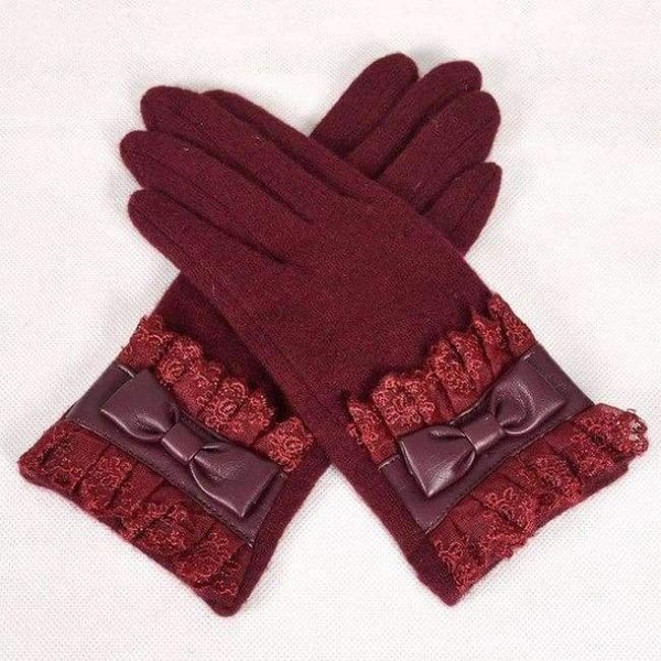 Planet Gates wine red [BYSIFA] Ladies Pink Rabbit Hair Wool Mittens Gloves Fashion Women Gloves Elegant Lace Embroidery Bow Tie Thick Warm Soft Gloves