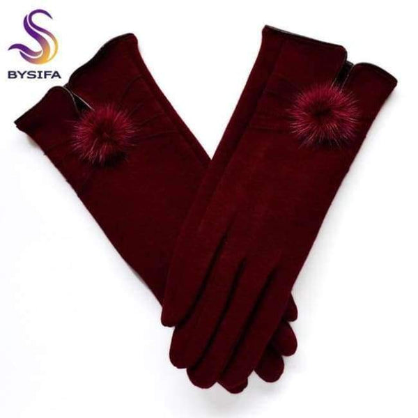 Planet Gates wine red [BYSIFA] Women Mink ball Wool Gloves Fashion Opening Design Winter Ladies Gloves New Trendy Elegant Soft Black Mittens Gloves