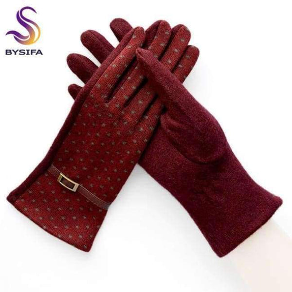 Planet Gates Wine red [BYSIFA] Women Polka Dot Wool Mittens Gloves Fashion Metal Buckle And Pu Design Cashmere Gloves Elegant Thick Warm Pink Gloves