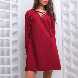 Planet Gates Wine Red / L 2018 Autumn Fashion Criss Cross Dress Women Solid Colour V-Neck Lace-up Mini Dresses Long Sleeve Casual Dress Vestidos
