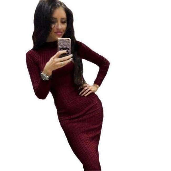 Planet Gates Wine red / L Autumn Women Bodycon Sheath Dress Sexy Red Knitted Cotton Long Sleeve 2018 Winter Dress Casual Black Party Dresses