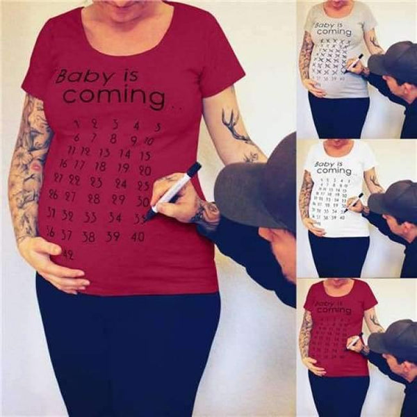 Planet Gates Wine Red / L Baby Is Coming Print Women Maternity Clothing Pregnant Short T shirt Funny Top for photography photo shoot Plus Size
