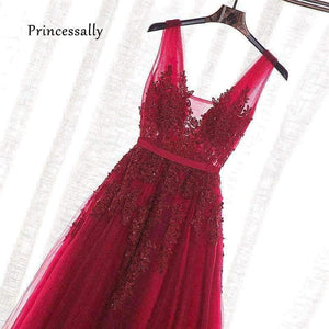Planet Gates Wine Red Lace Beading Long Evening Dress Backless Bridal V neck Sleeveless Transparent Banquet Sexy Prom Dress