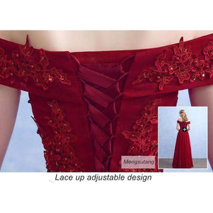 Planet Gates wine red long / 6 Boat Neck Beading with Appliques Long Evening Dresses Elegant Lace vestido de festa Banquet Party Prom dresses