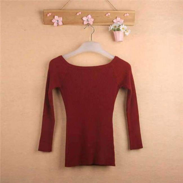 Planet Gates Wine Red / One Size Autumn and Winter basic Women Sweater slit neckline Strapless Sweater thickening sweater top thread slim C0320