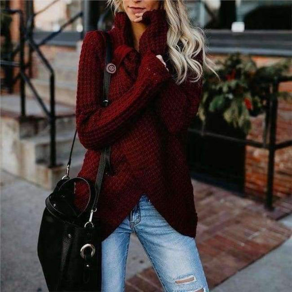 Planet Gates wine red / S Autumn Women Knitted Sweater Buttons Loose Tops Winter Warm High Collar Irregular Sweaters