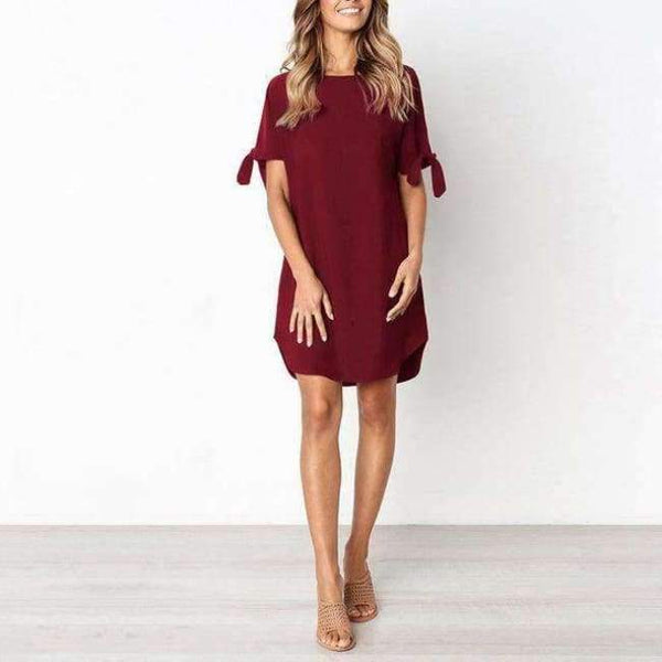Planet Gates Wine Red / S Casual Style Lace-Up Curved Hem Summer Dress 2018 Women O Neck Short Sleeve Mini Loose T Shirt Dress Beach Vestidos