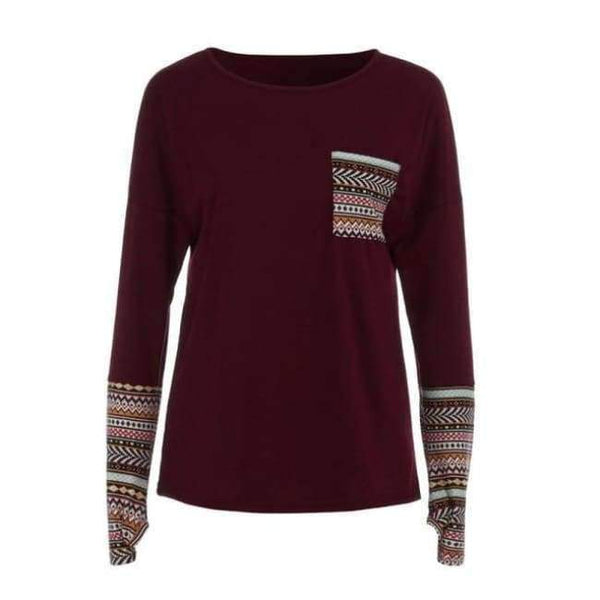 Planet Gates Wine Red / S / China Spring Women's Patchwork Casual Loose T-shirts Autumn Ladies Long Sleeve Crewneck Pocket Tee Tops #YL