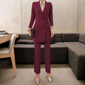 Planet Gates wine red / S Fashion Purple Women Pant Suit Double Breasted Long Blazer Jacket and Straight Pant Work Business 2 Pieces Set 2018
