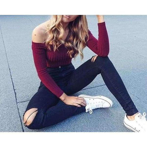 Planet Gates wine red / S Off shoulder crop top t shirts hot sale long sleeve solid short t-shirts for women clothing fashion slim t-shirt