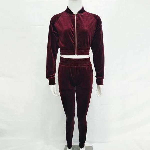 Planet Gates wine red / S Velvet Tracksuit Two Piece Set Women Sexy Pink Long Sleeve Crop Top and Pants Suit Fashion Autumn Winter Sweatshirt